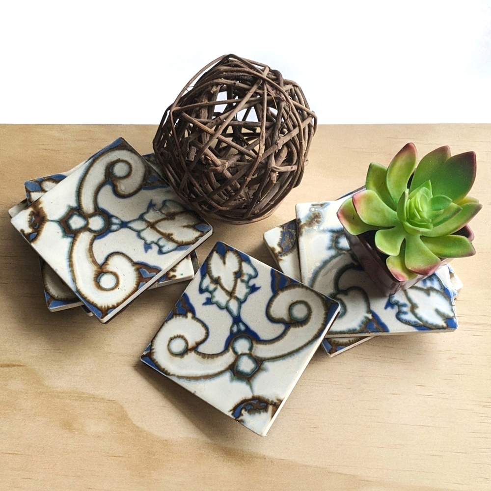 4 Vintage Bohemian Ceramic Swirl Coasters